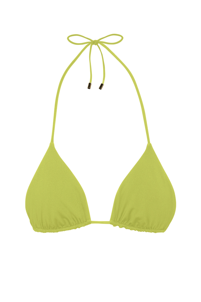 Front of Taormina Top triangle bikini in Apple showing adjustable halter ties and ruched sliding cups on white background