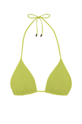 Front of Taormina Top triangle bikini in Apple showing adjustable halter ties and ruched sliding cups on white background