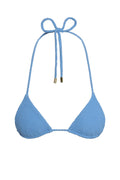 Front flat lay of Taormina Top in Azure Crinkle with triangle cups and thin adjustable neck and back ties on white