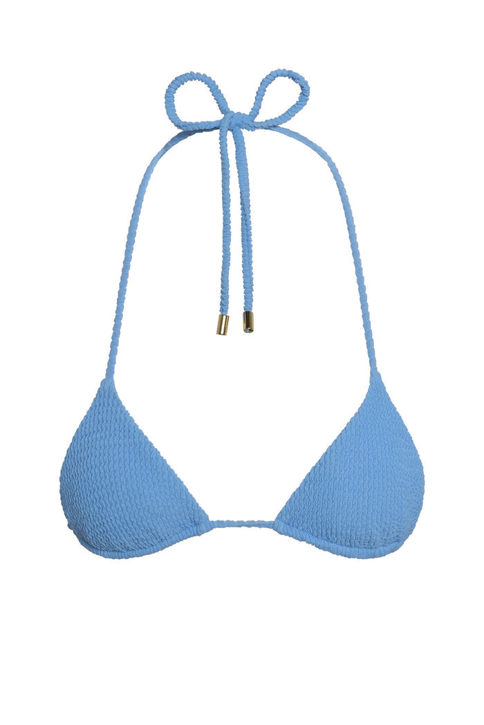 Front flat lay of Taormina Top in Azure Crinkle with triangle cups and thin adjustable neck and back ties on white