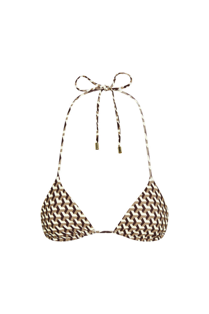 Front view of Taormina Top in Husk Geo showing triangle cups and thin halter ties with gold-tone tips
