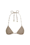 Front view of Taormina Top in Husk Geo showing triangle cups and thin halter ties with gold-tone tips