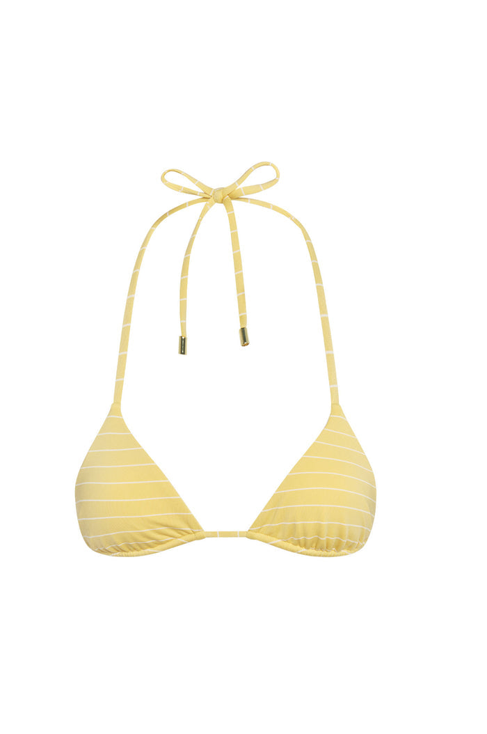 Front view Taormina Top Meyer Stripe, triangle cups, thin halter straps with gold hardware and adjustable neck tie, white
