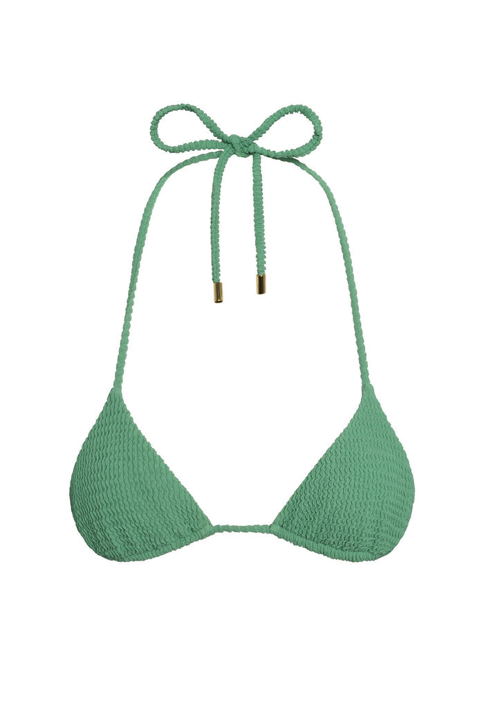 Front view of Taormina Top bikini triangle in Pond Crinkle showcasing crinkle texture, thin adjustable neck and back ties with gold hardware on white background