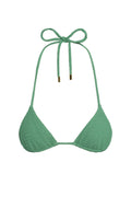 Front view of Taormina Top bikini triangle in Pond Crinkle showcasing crinkle texture, thin adjustable neck and back ties with gold hardware on white background