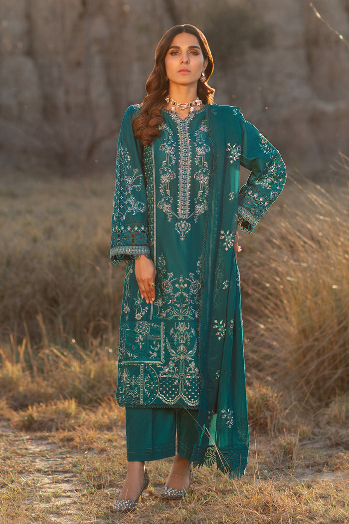 NAQSHI Tara zinc 3PC ready to wear embroidered lawn suit with long shirt, cambric straight trousers and crinkle dupatta for semi formal gatherings
