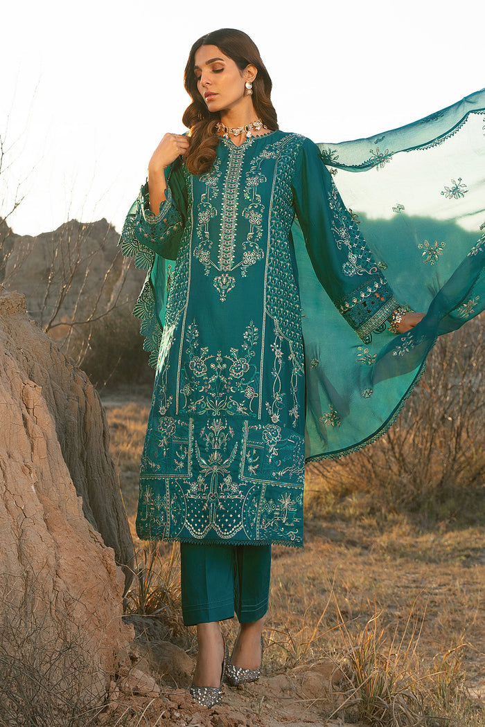 Full front view of Tara zinc embroidered long lawn shirt with straight trousers women ready to wear occasion outfit