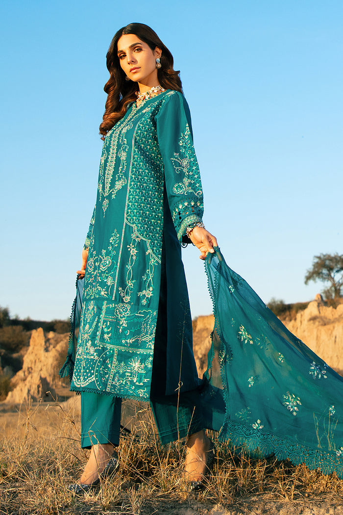 Front standing view showing zinc embroidered shirt with flowing crinkle dupatta and lace border festive wear dress