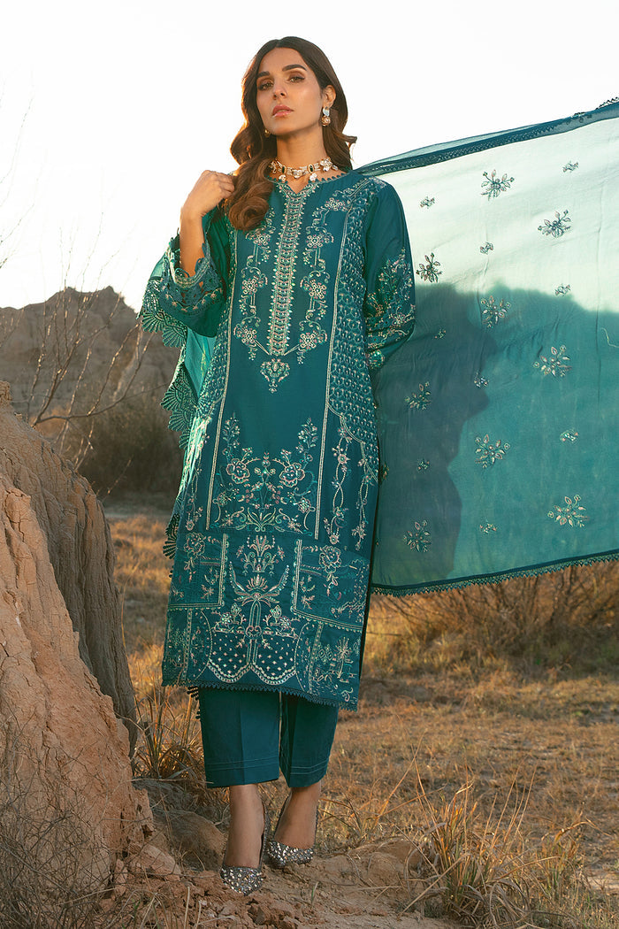 Full length view of zinc long shirt with straight trousers showing balanced cut and embroidery detailing