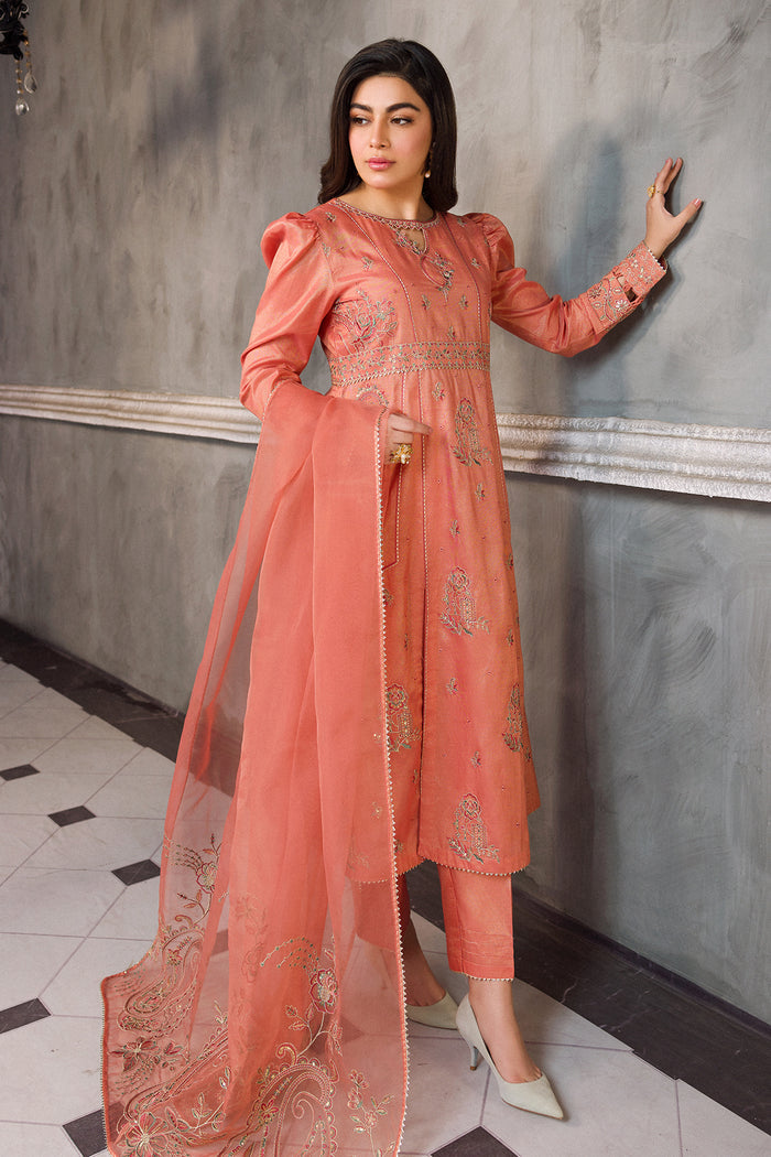 Full length standing view showing panels and open slit detail of peach frock