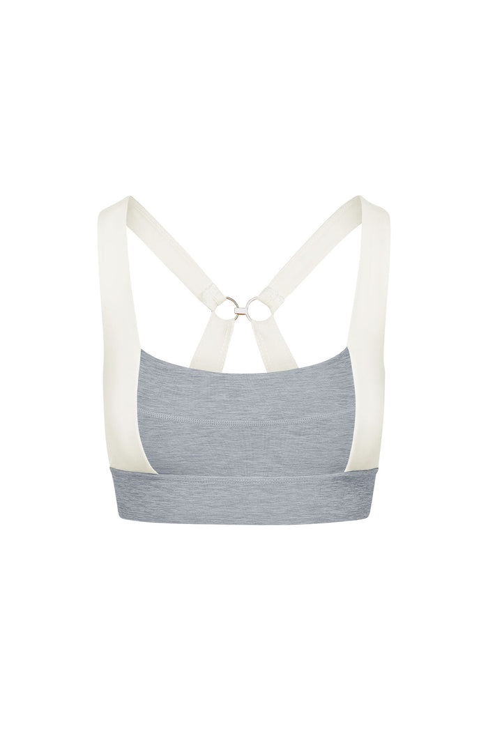 Back view of Tash Bra in Heather Grey/Ivory showcasing cream ringed racerback straps and wide elastic underband