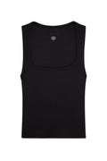 Front view of Tash Tank Long in black rib showing wide square neckline and thin ribbed texture on white background