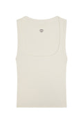 Cream ribbed tank top, back view with inside neckline label 'MONDAY'
