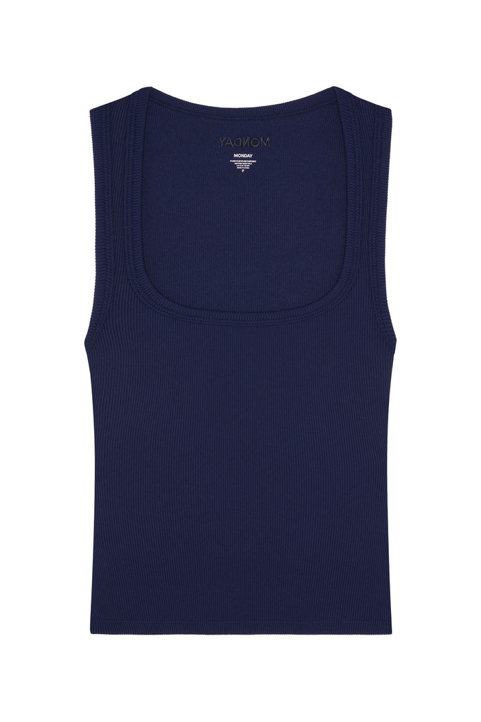 Front flat lay of Tash Tank in midnight showcasing thin rib texture and scoop neckline on white background