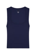 Front flat lay of Tash Tank in midnight showcasing thin rib texture and scoop neckline on white background