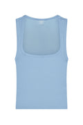 Front view of Tash Tank Long in sky lightweight rib showcasing wide square neckline and thin rib texture on white background