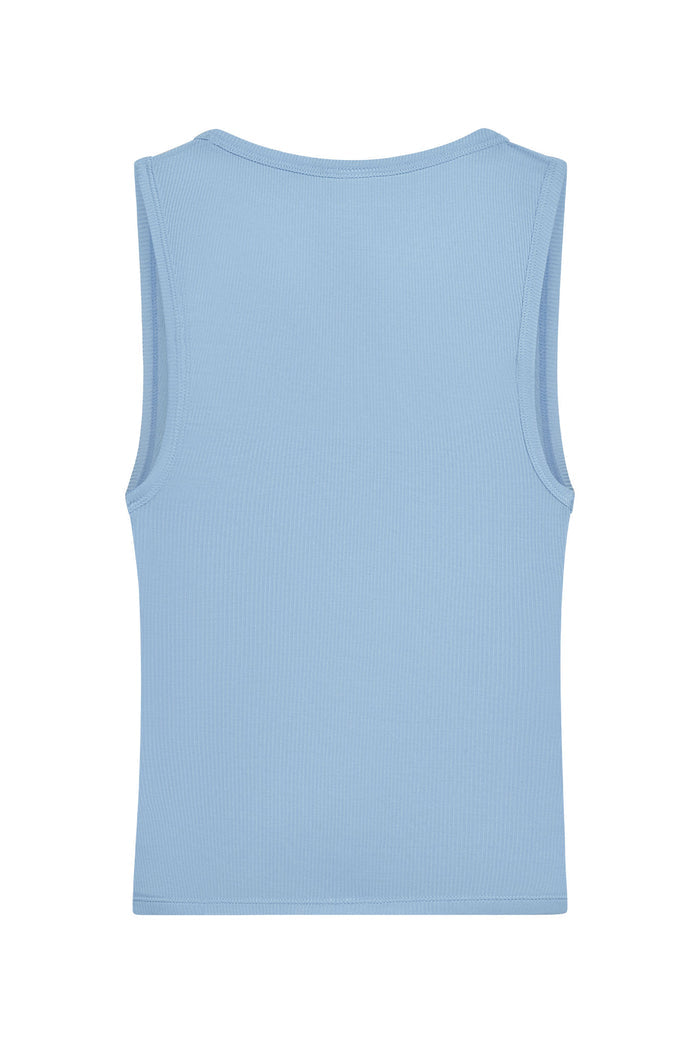 Back view of Tash Tank Long in Sky lightweight rib showcasing thin rib texture and wide square neckline on white background