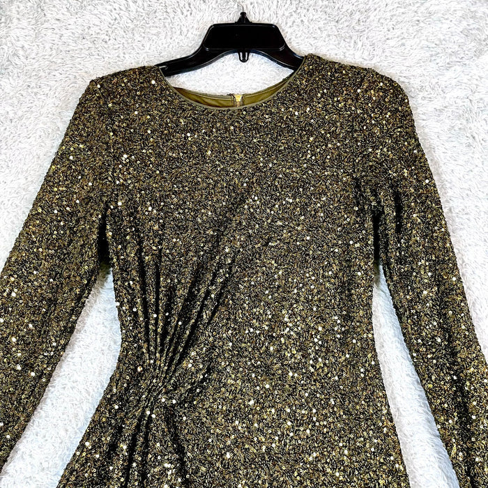 Taylor Womens Green Sequin Embellished Mini Dress with Drape Detail