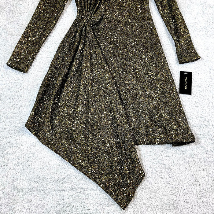 Taylor Womens Green Sequin Embellished Mini Dress with Drape Detail
