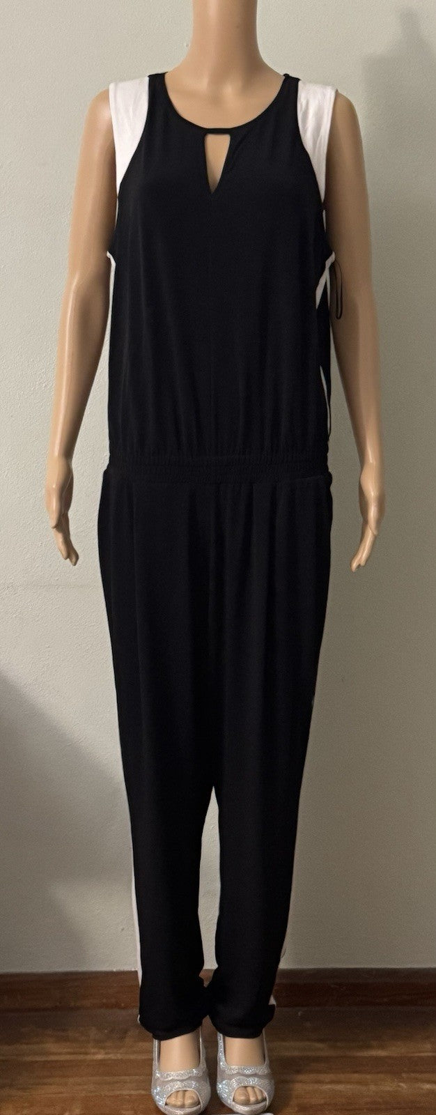 The Limited Women's Colorblock Jumpsuit Black White Side Stripe Keyhole Large