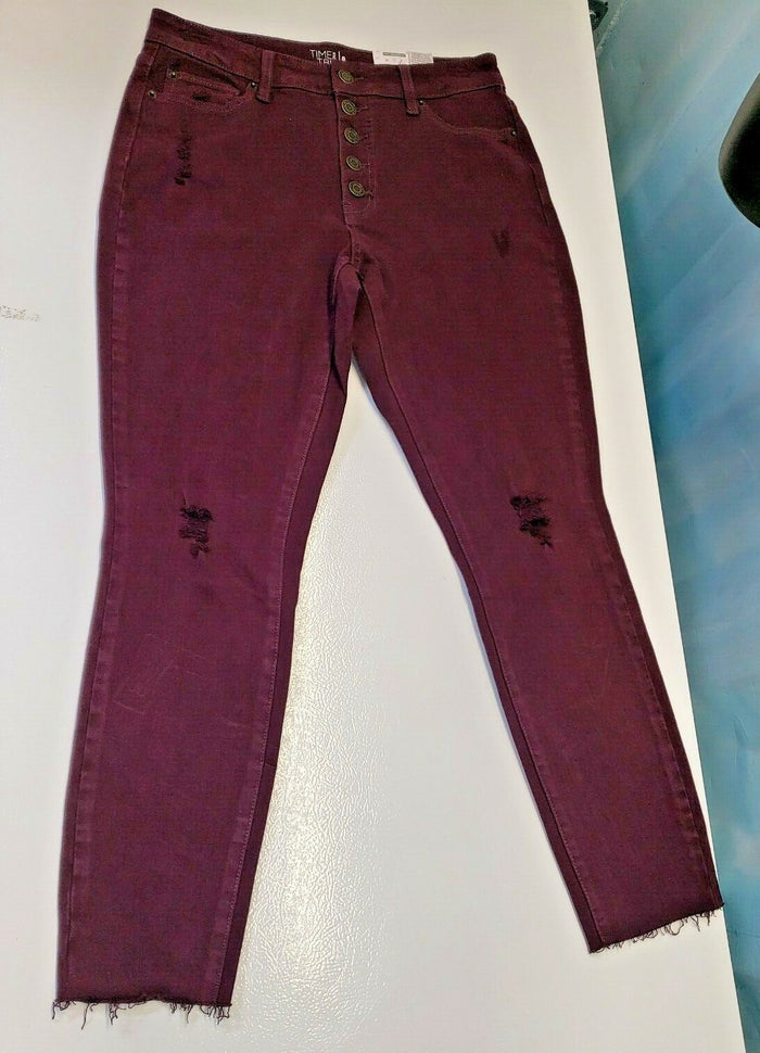 Time and Tru Women's Button High Rise Skinny Burgundy distressed Ankl Jeans
