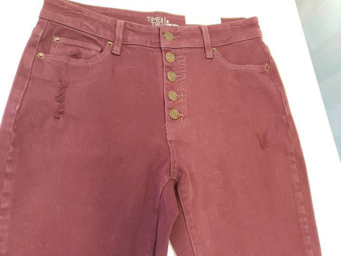 Time and Tru Women's Button High Rise Skinny Burgundy distressed Ankl Jeans