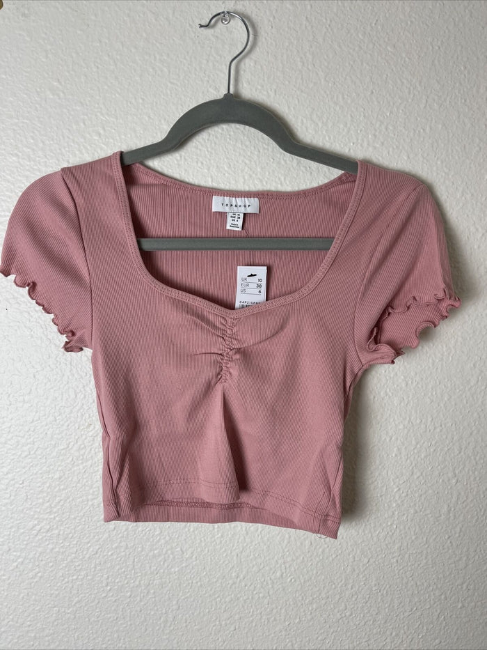 Topshop Women's Top Blush Crop Short Sleeve Scoop Neck Ruffle