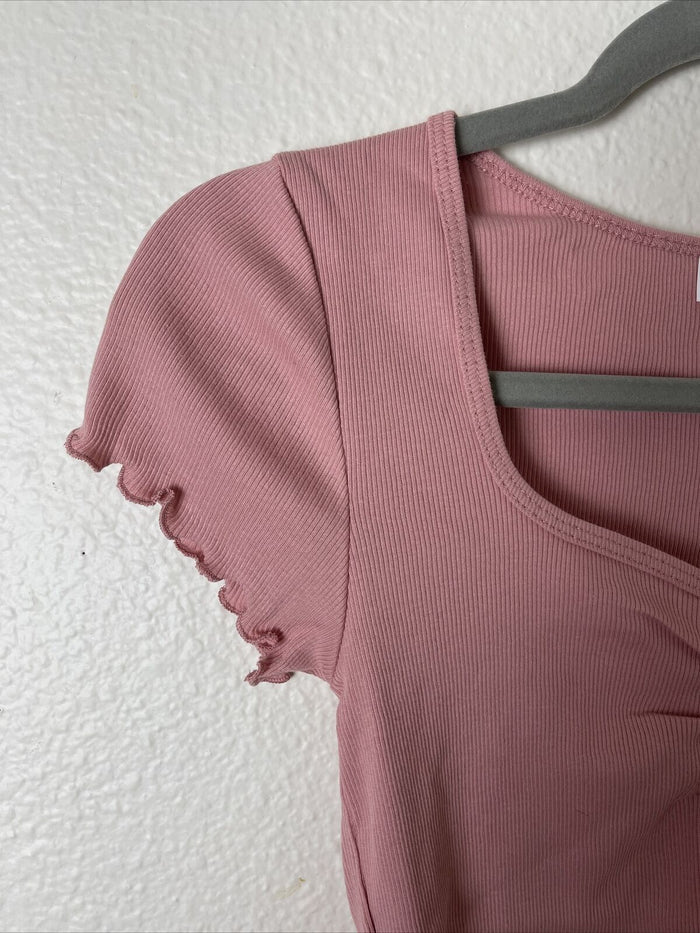 Topshop Women's Top Blush Crop Short Sleeve Scoop Neck Ruffle