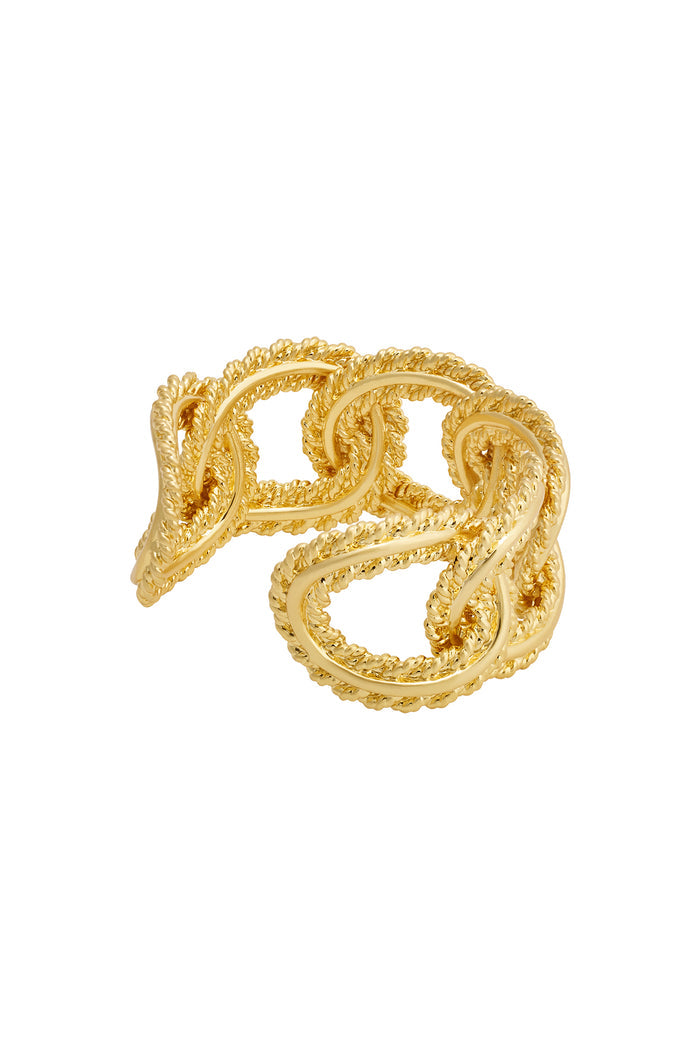 Gold braided rope-style open cuff ring with intertwined loop design, polished and textured finish