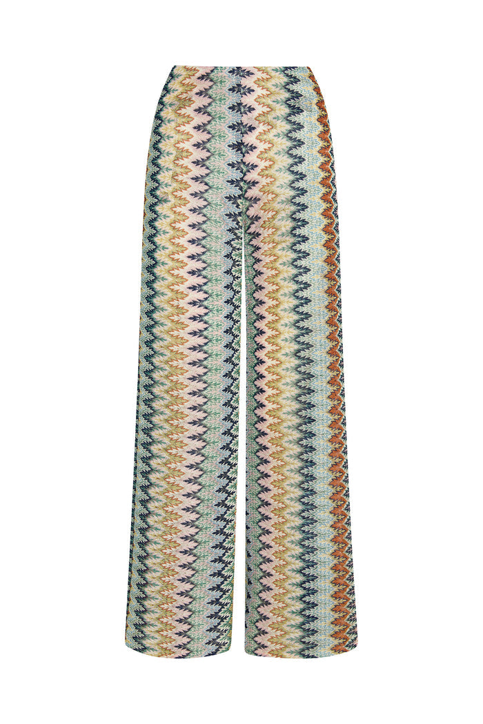 Front view of Toulon pant in Porto Cervo Multi showing high waist, wide-leg fit and multicolor zigzag knit on white background