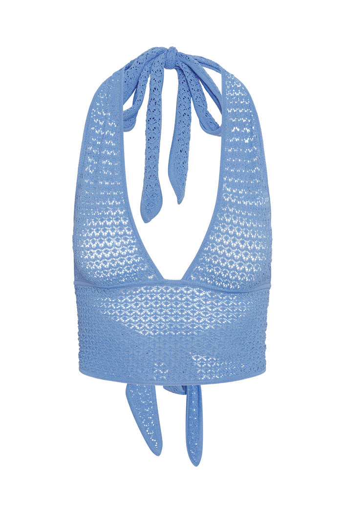 Front view of Toulon Top in Azure Lace Crochet showing halter tie, open crochet knit, cropped silhouette on white