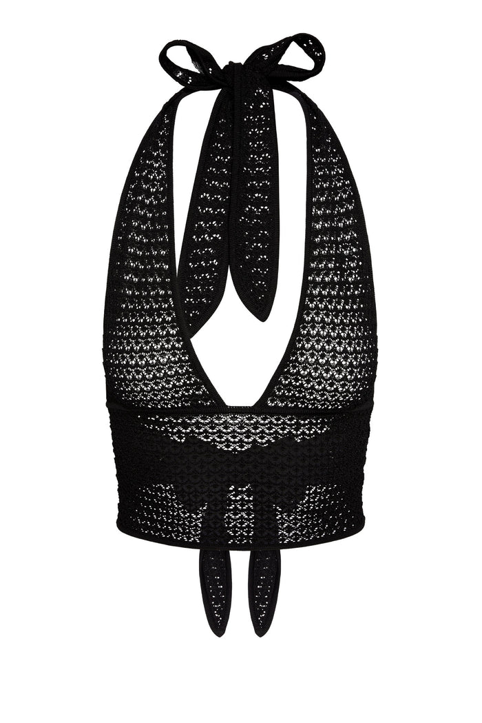 Black crocheted halter crop top with deep V front, wide banded waist, neck tie and back ties