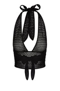 Black crocheted halter crop top with deep V front, wide banded waist, neck tie and back ties
