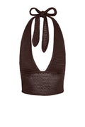 Front view of Toulon Top in espresso treble knit, halter tie with deep V neckline and cropped knit band on white background