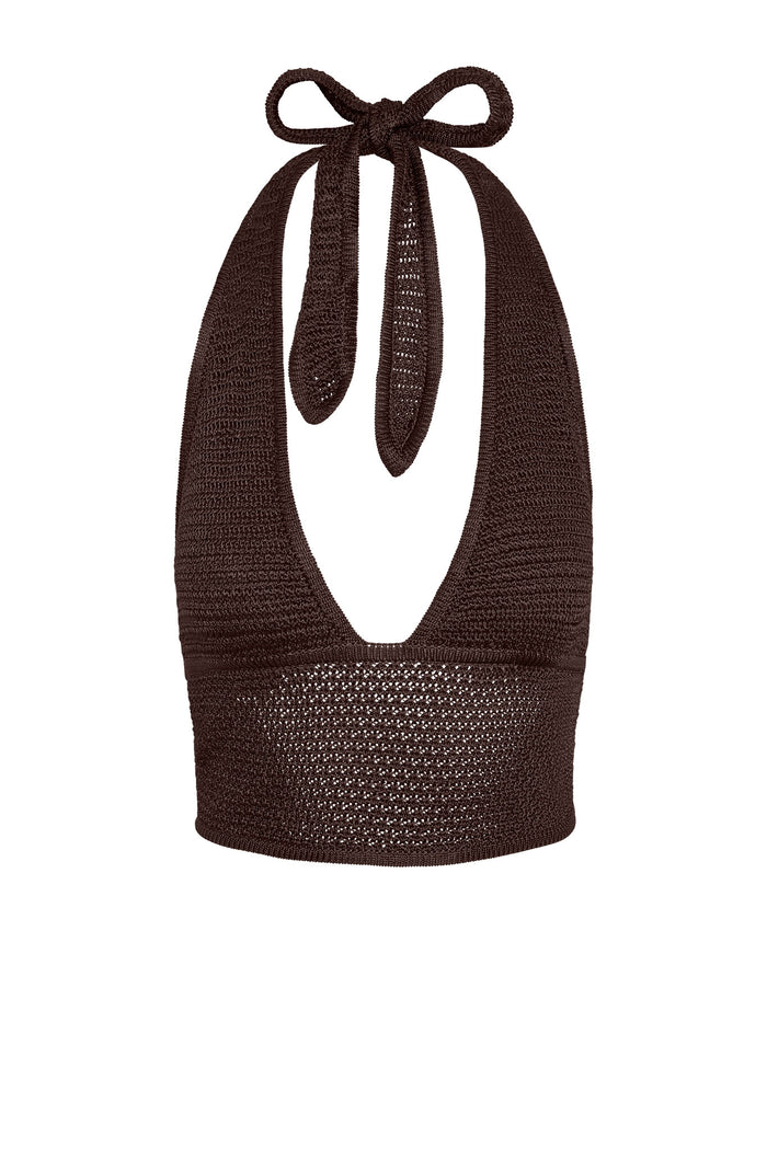 Front view of Toulon Top in espresso treble knit, halter tie with deep V neckline and cropped knit band on white background