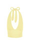Front view of Toulon Top - Meyer Treble Knit halter top showing tied halter neck, V-neck and knit texture on white background