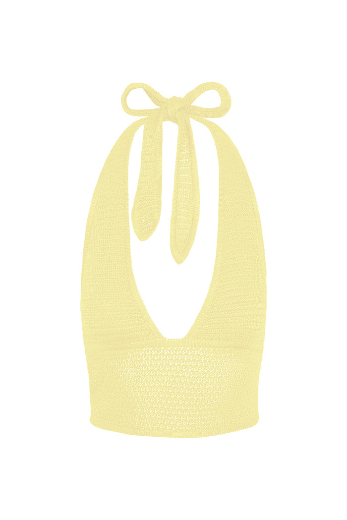 Front view of Toulon Top - Meyer Treble Knit halter top showing tied halter neck, V-neck and knit texture on white background