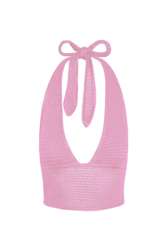 Front view of Toulon Top in Moonlight treble knit with deep V halter neckline, tied neck and back straps, and cropped fit on white background