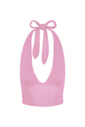 Front view of Toulon Top in Moonlight treble knit with deep V halter neckline, tied neck and back straps, and cropped fit on white background
