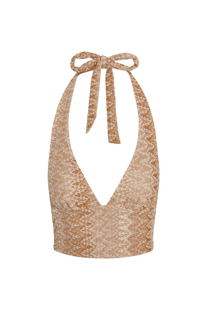 Front close up of Toulon Top Porto Cervo Gold showcasing halter tie neckline and plunging V on white background