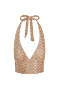 Front close up of Toulon Top Porto Cervo Gold showcasing halter tie neckline and plunging V on white background