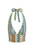Front view of Toulon halter bikini top in Porto Cervo multi showing deep V neckline and tied neck bow on white background
