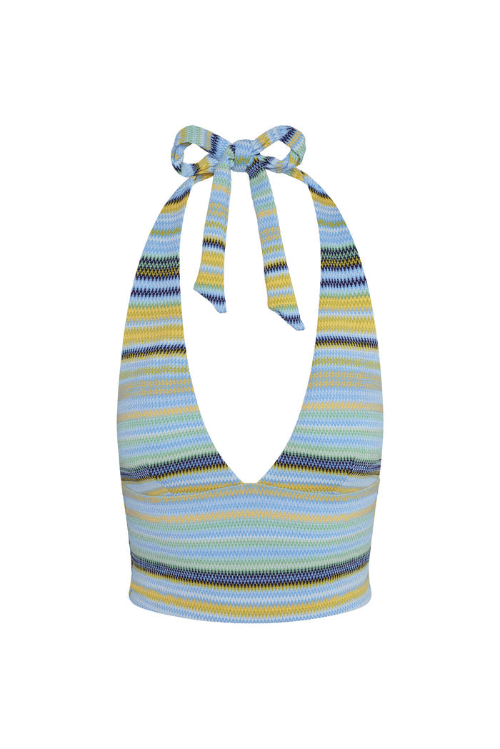 Front view of Toulon Top - Sardinia Stripe Azure showcasing deep V halter neckline, adjustable neck and back ties, and cropped fit on white background
