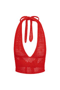 Front close-up of Toulon Top Lined - Chili Pepper Lace Crochet showcasing halter neck tie, deep V-neck, lined crochet texture on white background