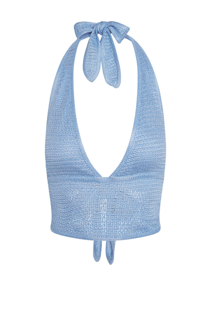Front view of Toulon Top in sky treble knit showing lined crochet halter with deep V-neck, cropped fit on white background