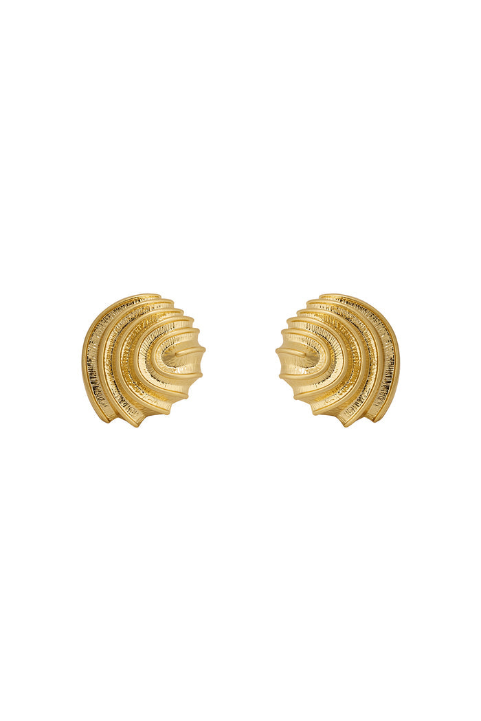 Front view of Trancoso Earrings in gold showcasing ribbed shell shape and textured concentric ridges on white background