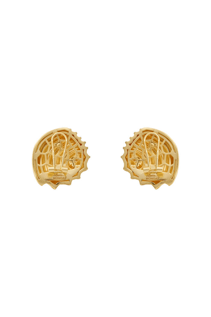 Gold-tone circular clip-on earring backs with lattice filigree, stamped "Julietta MONDAY"