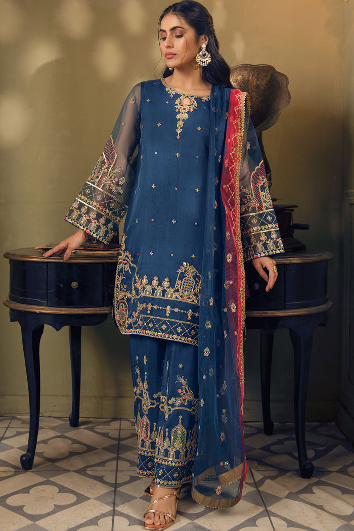 NAQSHI Tropicana cobalt blue organza shirt with raw silk culottes and tie dye net dupatta luxury ready to wear formal outfit