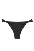 Flatlay of Tulum Bottom in black showcasing knotted side ties and thong cut on white background