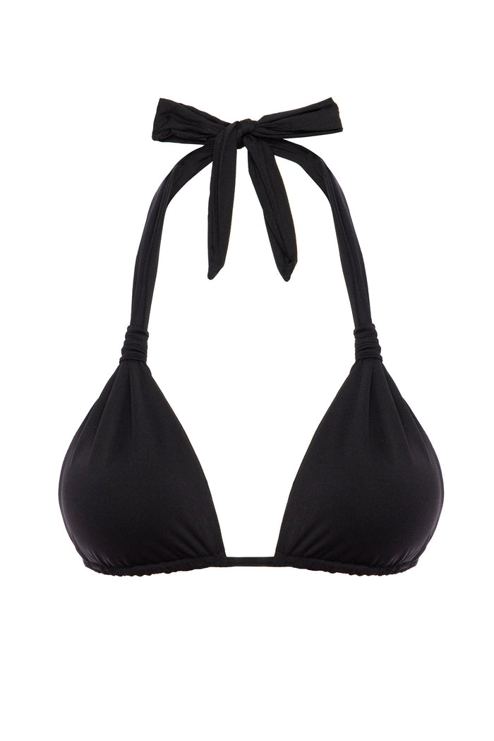 Front view of Tulum Top in black showcasing ruched triangle cups and halter-tie neck on white background